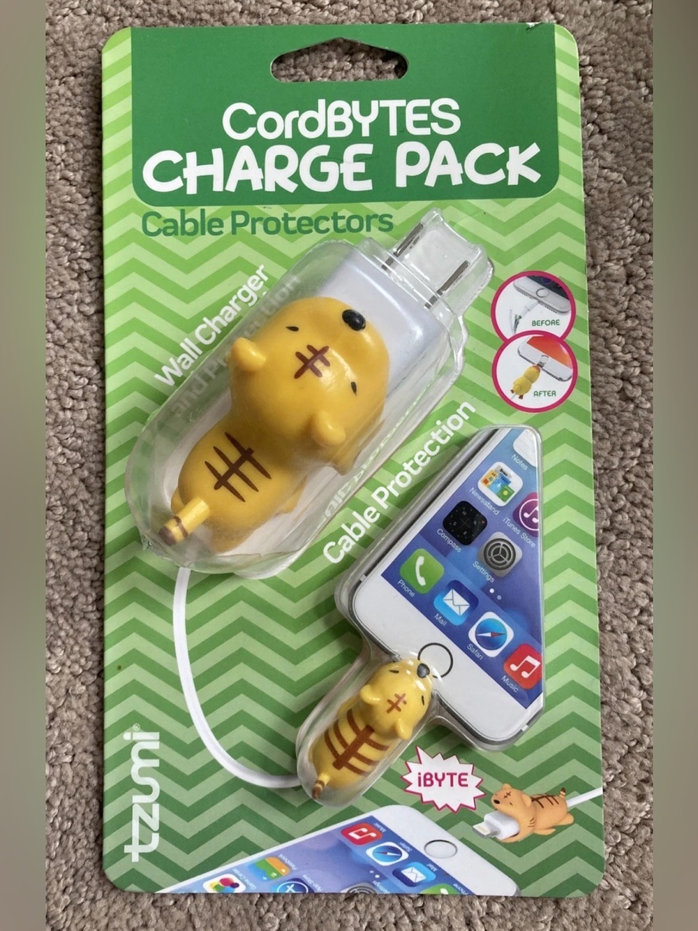 🌸Tzumi - Bytes Charge Pack Connector Plug Protector With Wall Charger Tiger 2 Pc